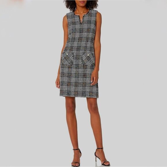 Karl Lagerfeld Sleeveless Tweed Shift Dress with Front Pockets - Picture 1 of 7